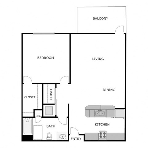 Floor plan for 1 bed, 1 bath, 740 sqft